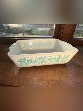 Pyrex White Baking Dish with Turquoise Folk Motif